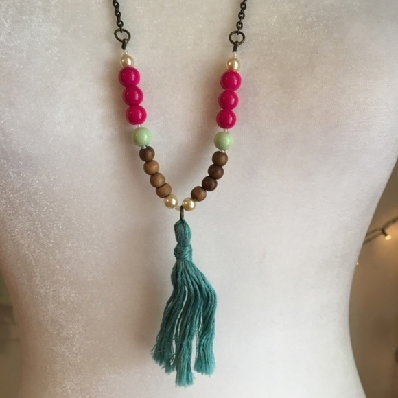 Boho Long Turquoise Tassel Beaded Necklace - Picture 4 of 5